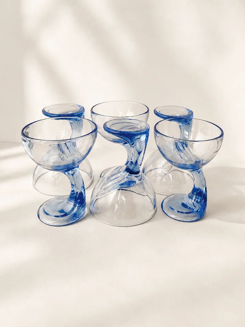 Set of 6 Italian Postmodern Blue Glass Dessert Bowls - 1980s