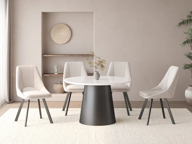 Table à manger ronde plateau effet marbre blanc 4 personnes 120cm AUBREY
