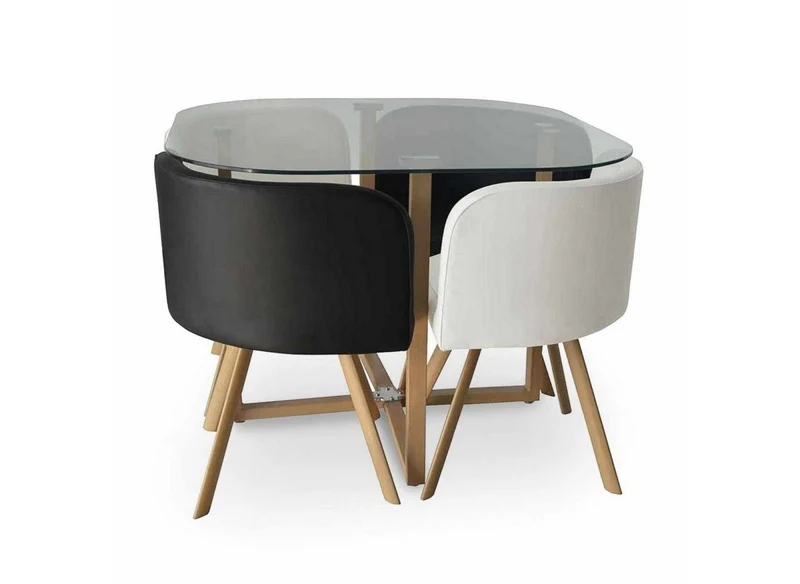 Ensemble table à manger en verre + 4 chaises noires et blanches FLEN
