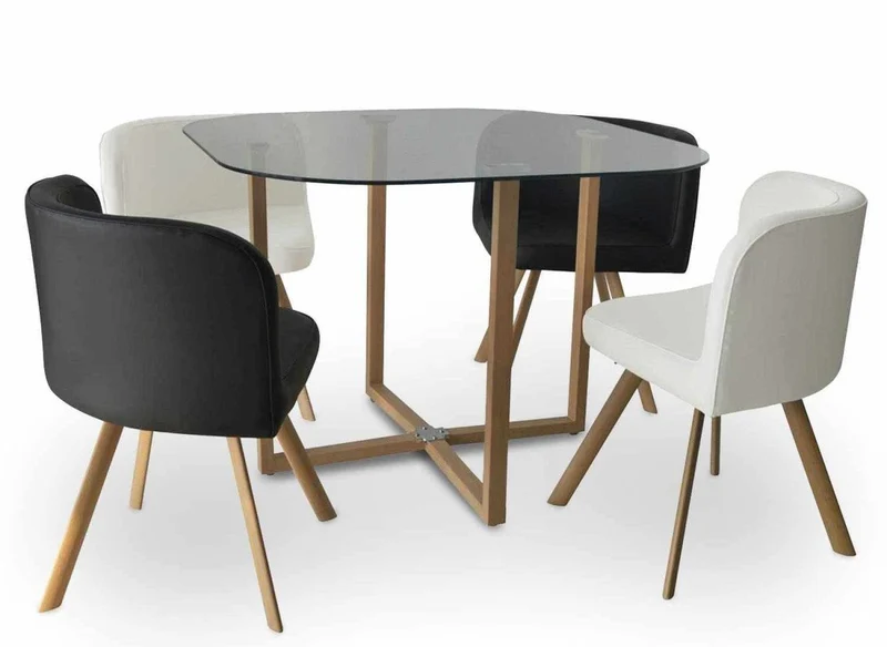 Ensemble table à manger en verre + 4 chaises noires et blanches FLEN
