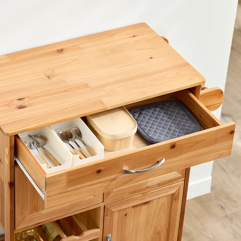 SoBuy FKW45-N Desserte Cuisine en Bois Massif à Roulettes – Range-Bouteilles, Tiroir, 2 Placards, Porte-Serviettes Réversible, 66×38×86 cm, 63 kg, Naturel