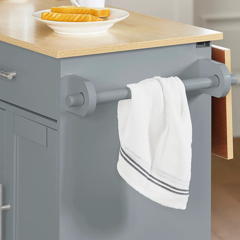 SoBuy FKW129-HG Desserte Cuisine avec Roues Cachées, 2 Tiroirs, Étagères Réglables et Porte-serviette – L115×P68,7×H91 cm, Charge 98 kg, MDF + PB, Gris