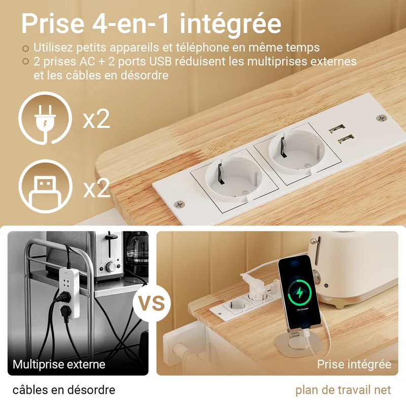 SoBuy FKW45-E-WN Desserte de Cuisine avec Prise Intégrée – 2 Prises + 2 USB, Casier à Bouteilles, Roulettes ou Pieds, 63 kg, Blanc et Bois