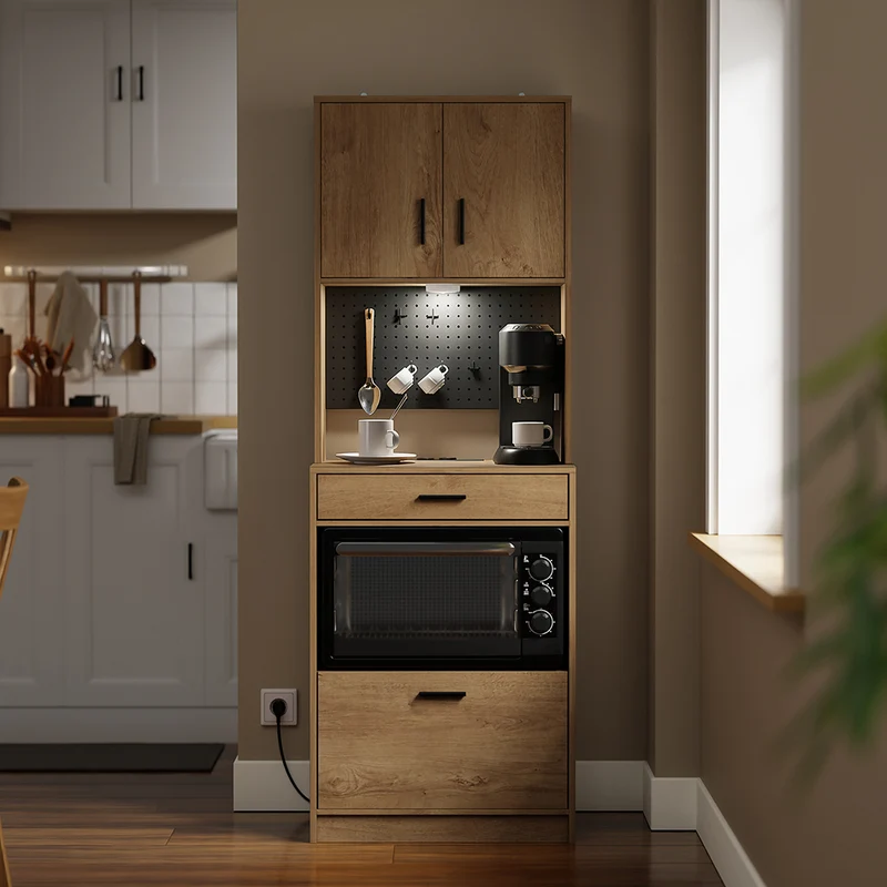 SoBuy FSB98-E-N Buffet de Cuisine – 2 Prises & 2 USB, Lampe LED, Niche Micro-Ondes, 60×40×170 cm