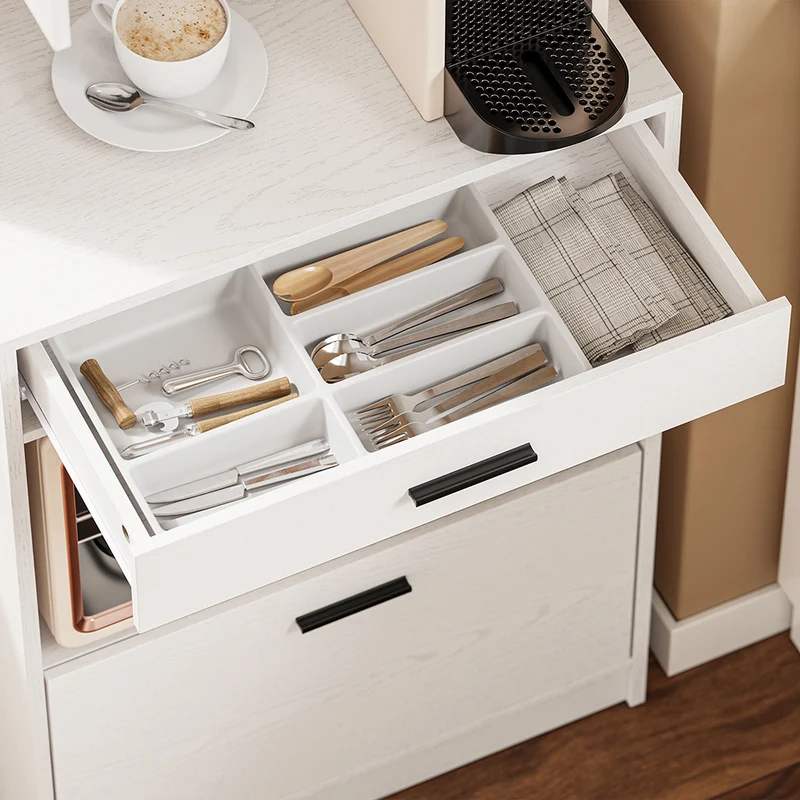 SoBuy FSB98-E-WG Buffet de Cuisine 170 cm avec Prise Intégrée – 2 Prises + 2 USB, Lampe LED, Niche Micro-Ondes, Charge 75 kg, Blanc et Bois
