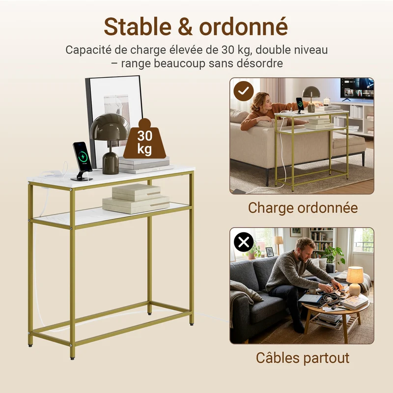 SoBuy FSB106-E-G Console d'Entrée avec Prises Intégrées – USB-A, USB-C, 2 Prises, 2 Étagères, 80 × 30 × 75 cm, Marbre Blanc et Doré