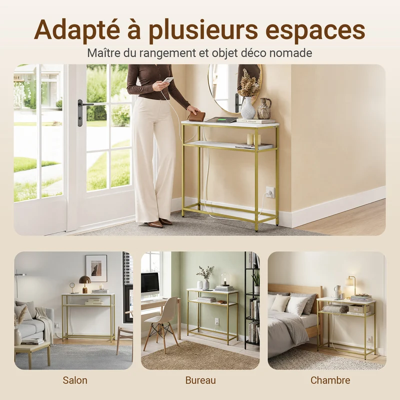 SoBuy FSB106-E-G Console d'Entrée avec Prises Intégrées – USB-A, USB-C, 2 Prises, 2 Étagères, 80 × 30 × 75 cm, Marbre Blanc et Doré