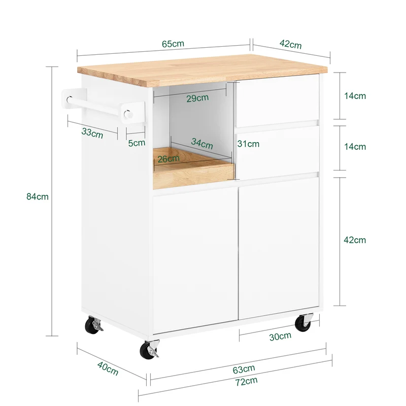 SoBuy FKW123-WN Petit Ìlot de Cuisine à Roulettes – Plan en Bois d'Hévéa, Plateau Extractible, 2 Tiroirs, 72×40×84 cm, Blanc