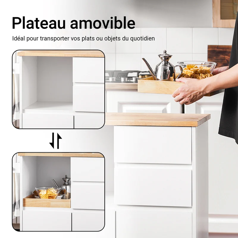 SoBuy FKW123-WN Petit Ìlot de Cuisine à Roulettes – Plan en Bois d'Hévéa, Plateau Extractible, 2 Tiroirs, 72×40×84 cm, Blanc