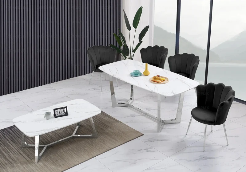 Table à manger marbre blanc argent - Gaya