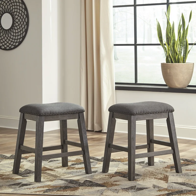 Ensemble de 2 tabourets de comptoir en bois avec assise rembourrée en tissu gris - Caitbrook