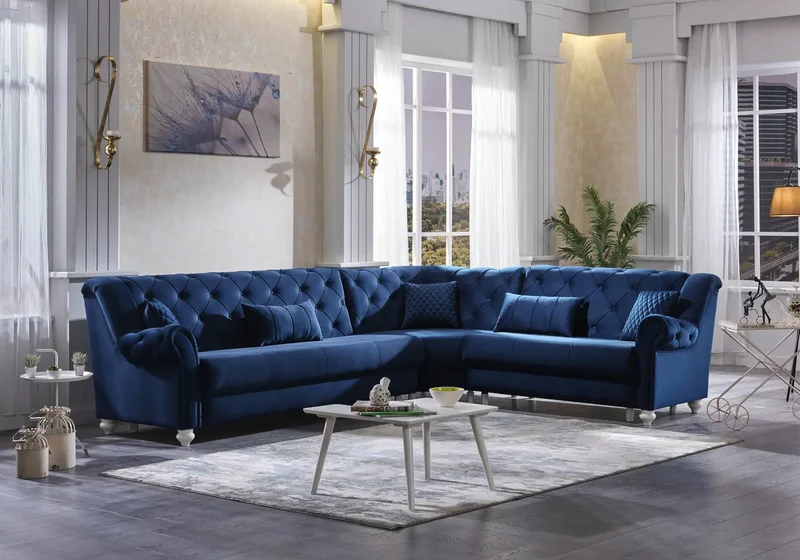 Canapé d’angle capitonné velours bleu – MEVA
