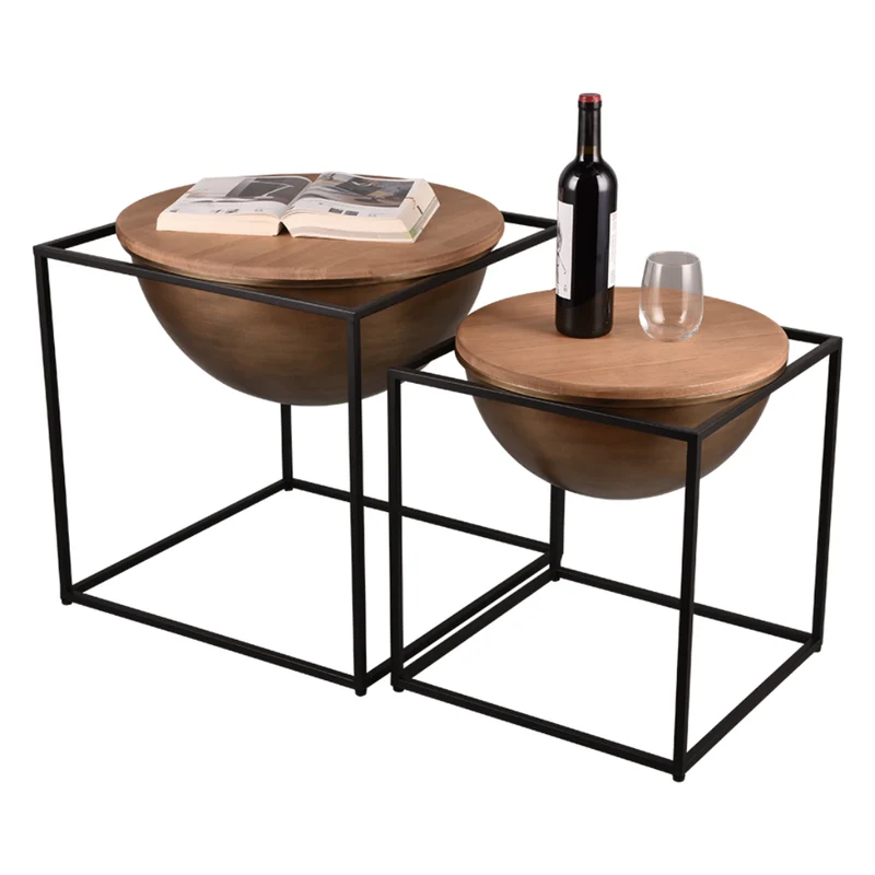 Table d'appoint en bois naturel demi-sphérique et métal noir - Celina
