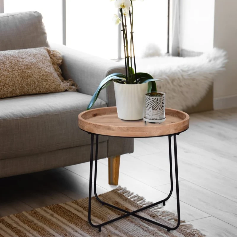 Table d'appoint ronde en bois naturel et métal noir - Jil