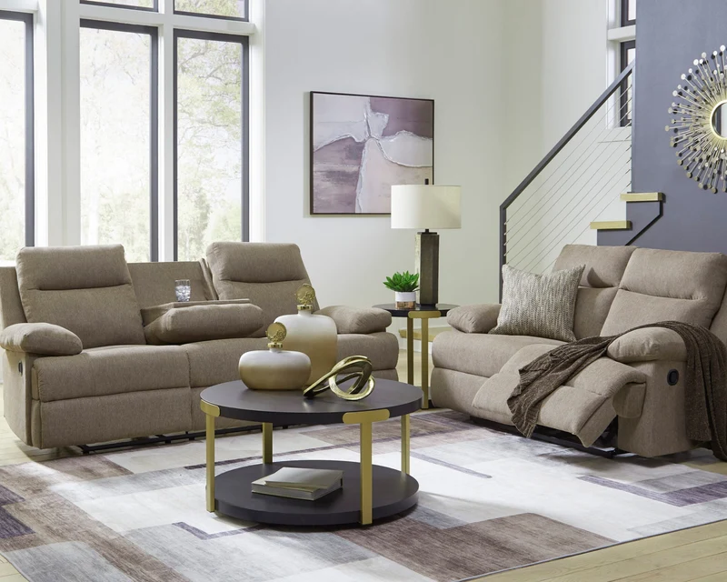 Sofa inclinable en tissu chenille taupe avec table centrale rabattable - Side-Swipe