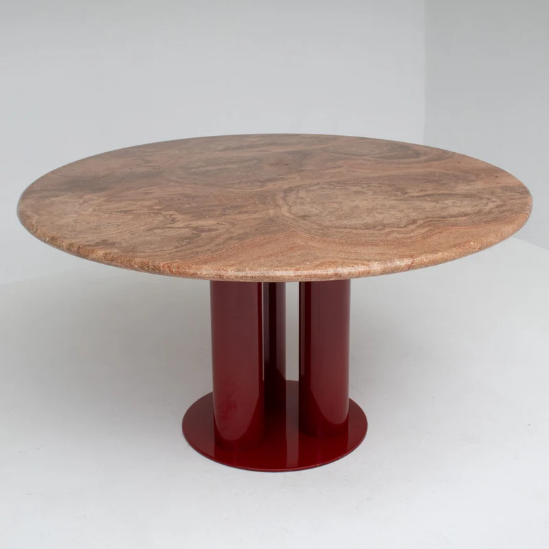 Round Marble Dining Table with Burgundy Lacquered Base