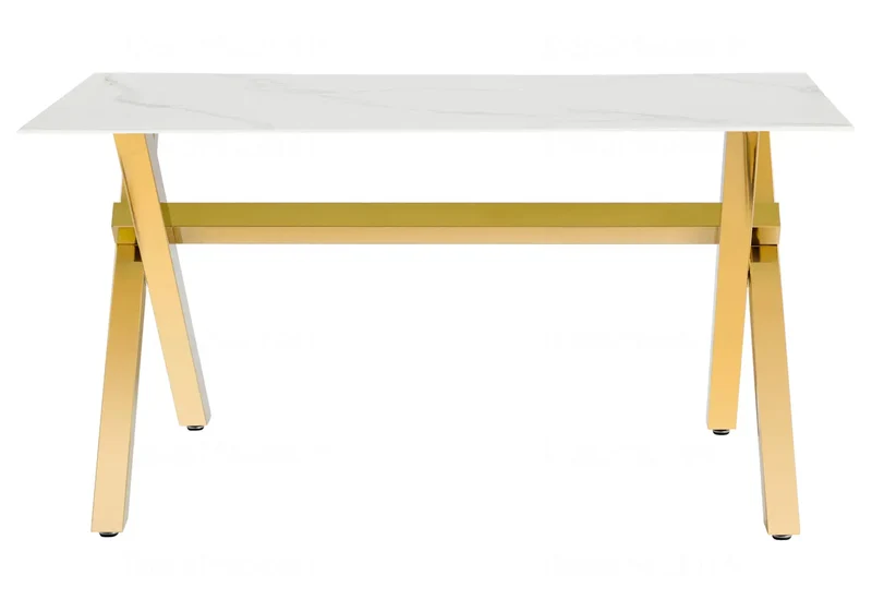Table à manger marbre blanc pieds X dorés - Cross