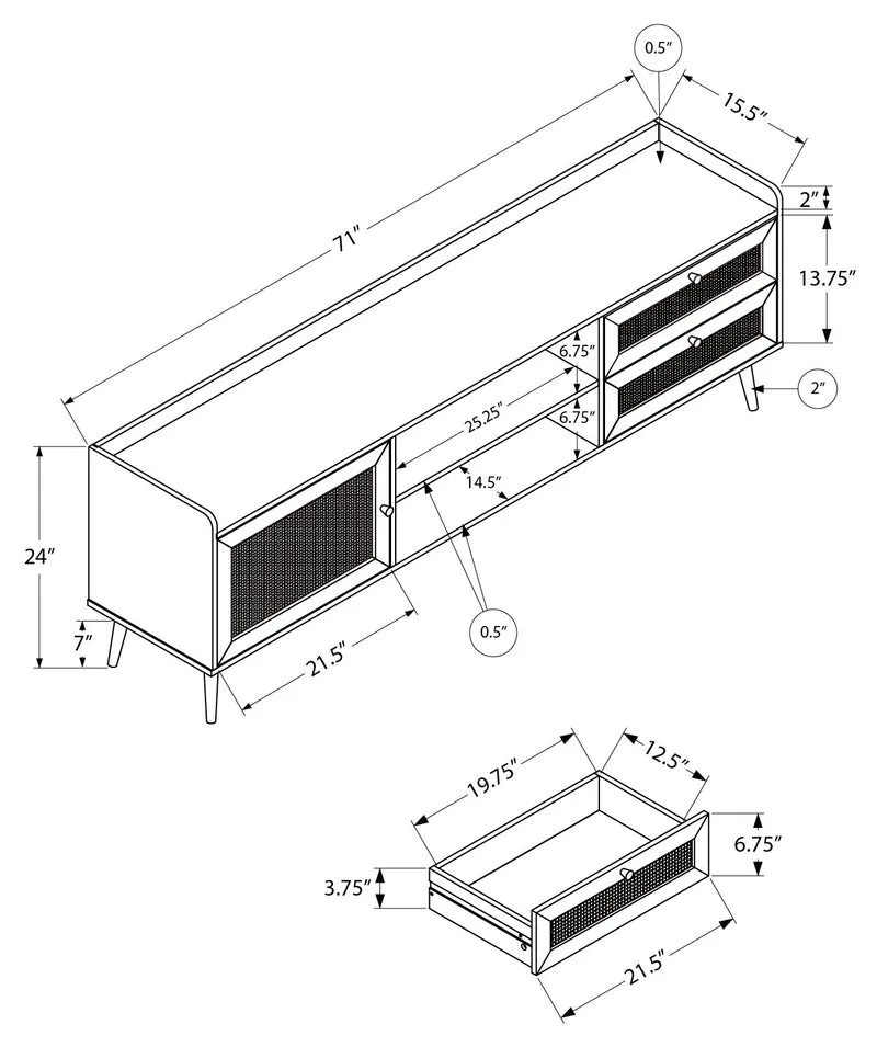 Meuble de télévision en stratifié noyer clair et rotin avec rangement - I 2723