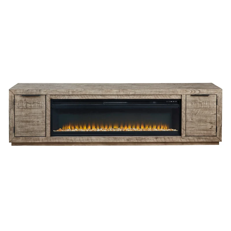 Meuble de télévision en bois/placage gris patiné avec foyer électrique - Krystanza