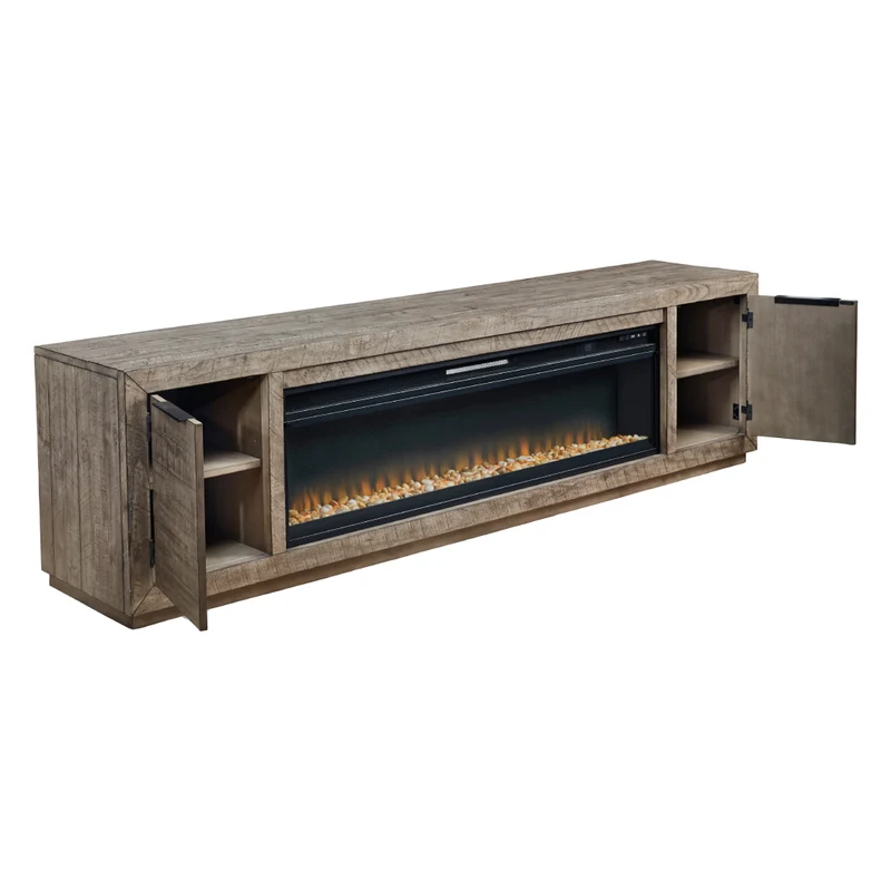 Meuble de télévision en bois/placage gris patiné avec foyer électrique - Krystanza