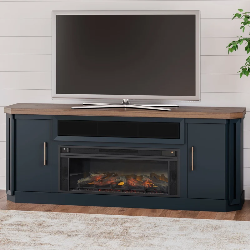Meuble de télévision en bois/placage bicolore avec foyer électrique - Lanocken