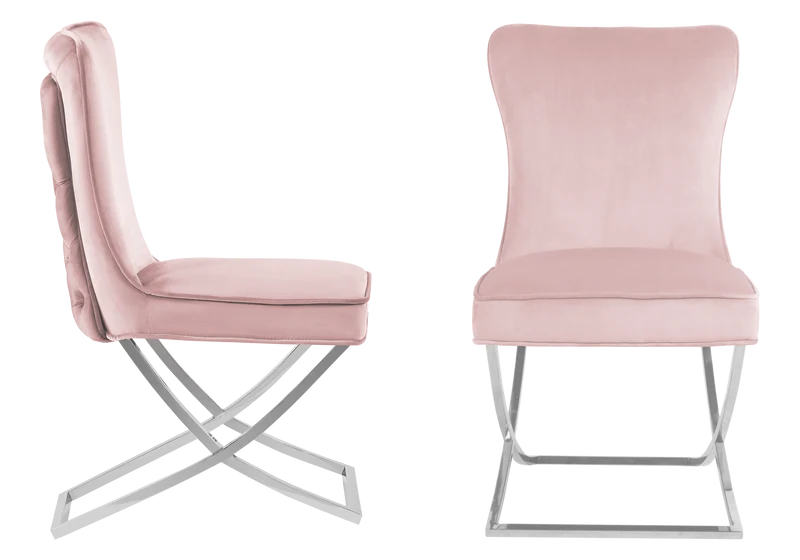 Chaise capitonnée pied croisé argent rose poudré - Enzo x2