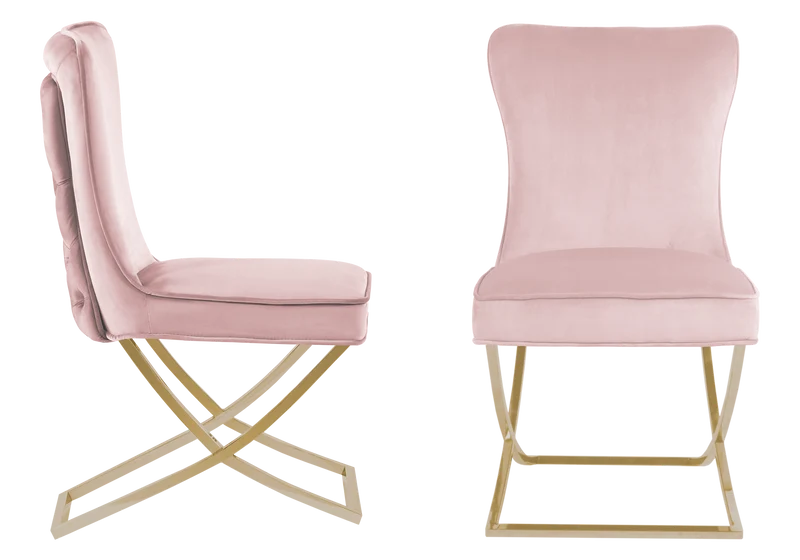 Chaise capitonnée pied croisé doré rose poudré - Enzo x2