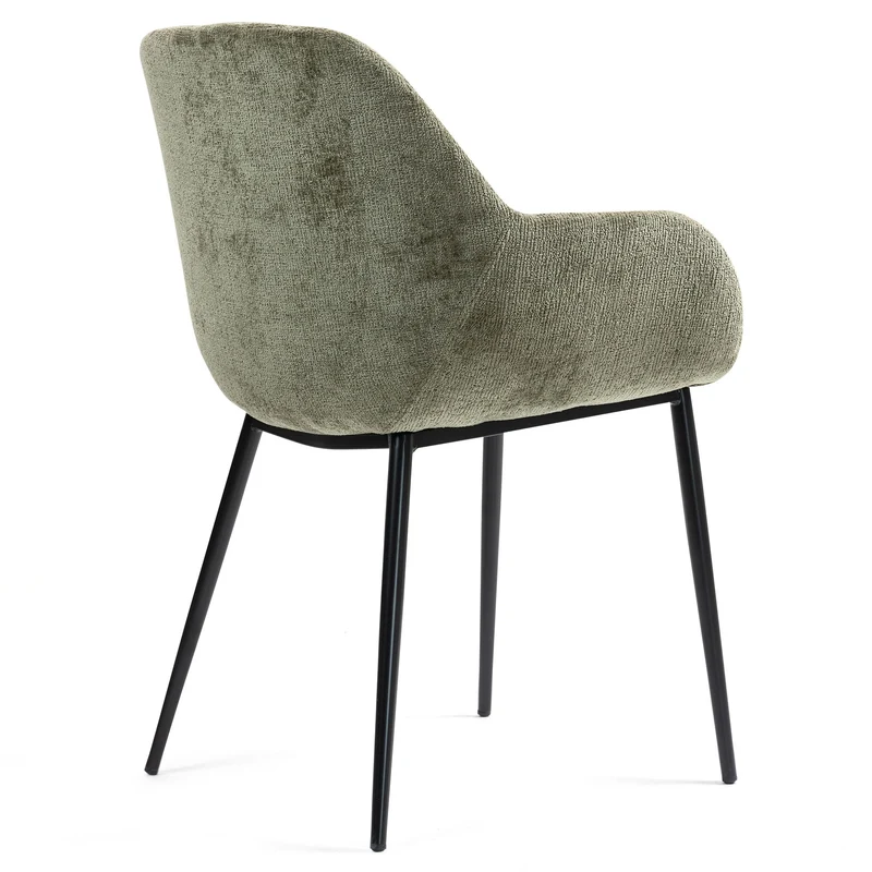 Chaise repas avec accoudoirs tissu chenille kaki pied métal